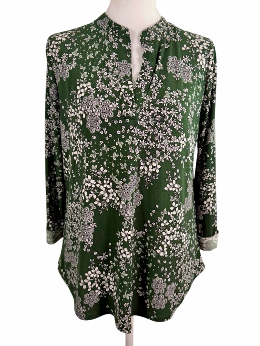 Amana Floral Split-Neck Green Tunic Top Blouse Size M Boho Cottagecore